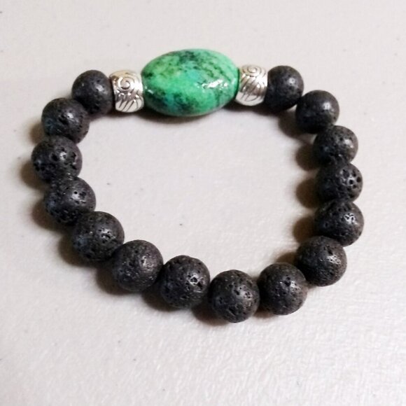 Chrysacolla & Black Lava Rock Bracelet! Thick, Solid & Chunky! Heavy Stone Beads - Picture 4 of 8